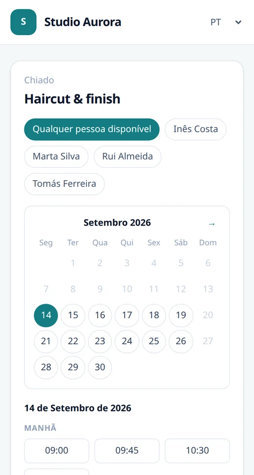 The customer booking page on a phone, showing the available times.