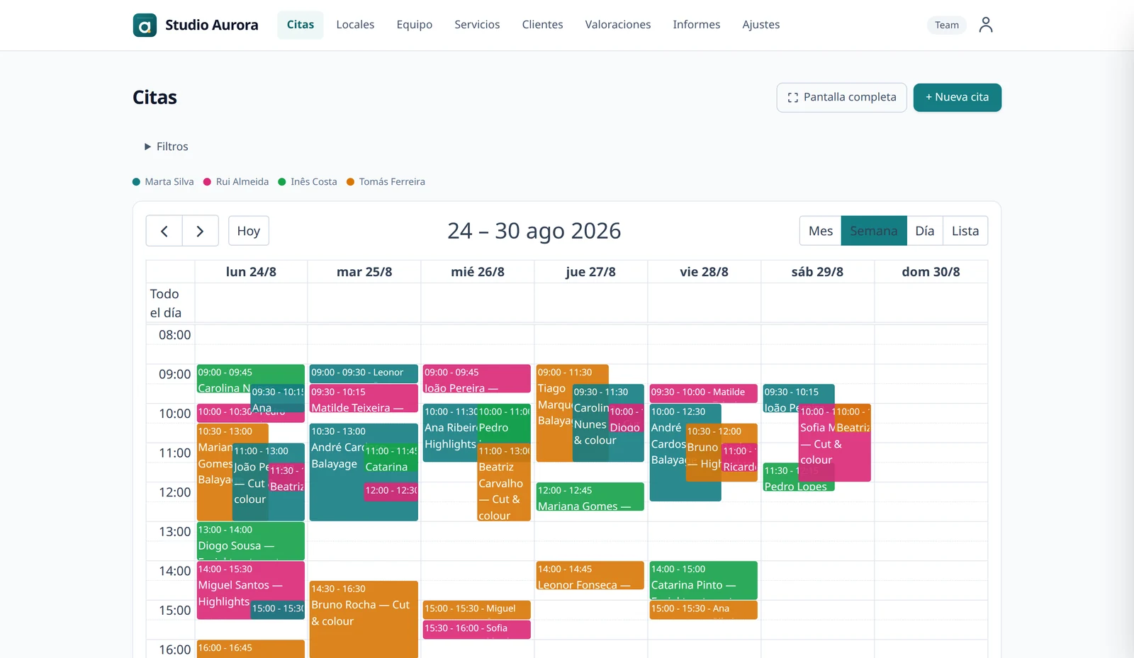 The Adalie dashboard showing a week of appointments, colour-coded by staff member.